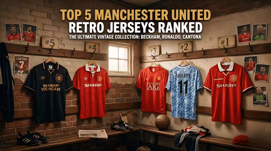 Five Manchester United retro jersey designs from 1990 to 2008