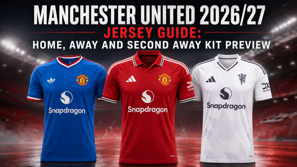 Manchester United 2026/27 home, away and third kit visual reference with red home, blue away and white second away shirts