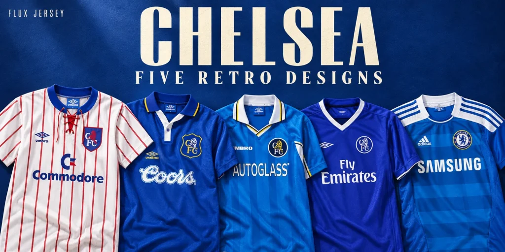 Chelsea retro shirt designs arranged against a blue editorial backdrop