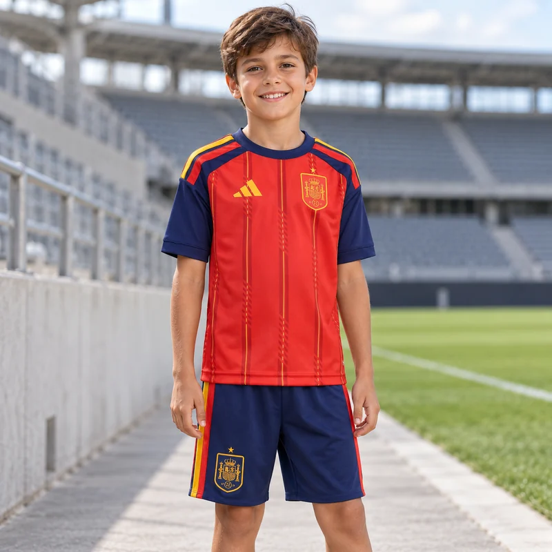 AI-generated model wearing Kids Spain Home Jersey Kit World Cup 2026
