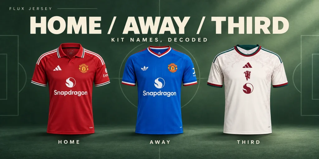 Editorial cover showing three current shirt designs against a green pitch-inspired background, labelled Home, Away and Third.