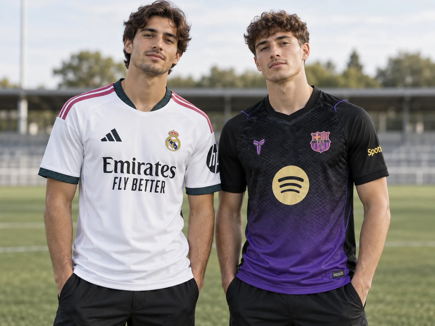 Generated model styling of Real Madrid Home and Barcelona Away jerseys 2026/27