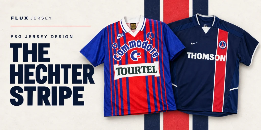 Editorial cover for The Hechter Stripe, featuring two PSG retro jersey designs on a cream background with navy and red accents.