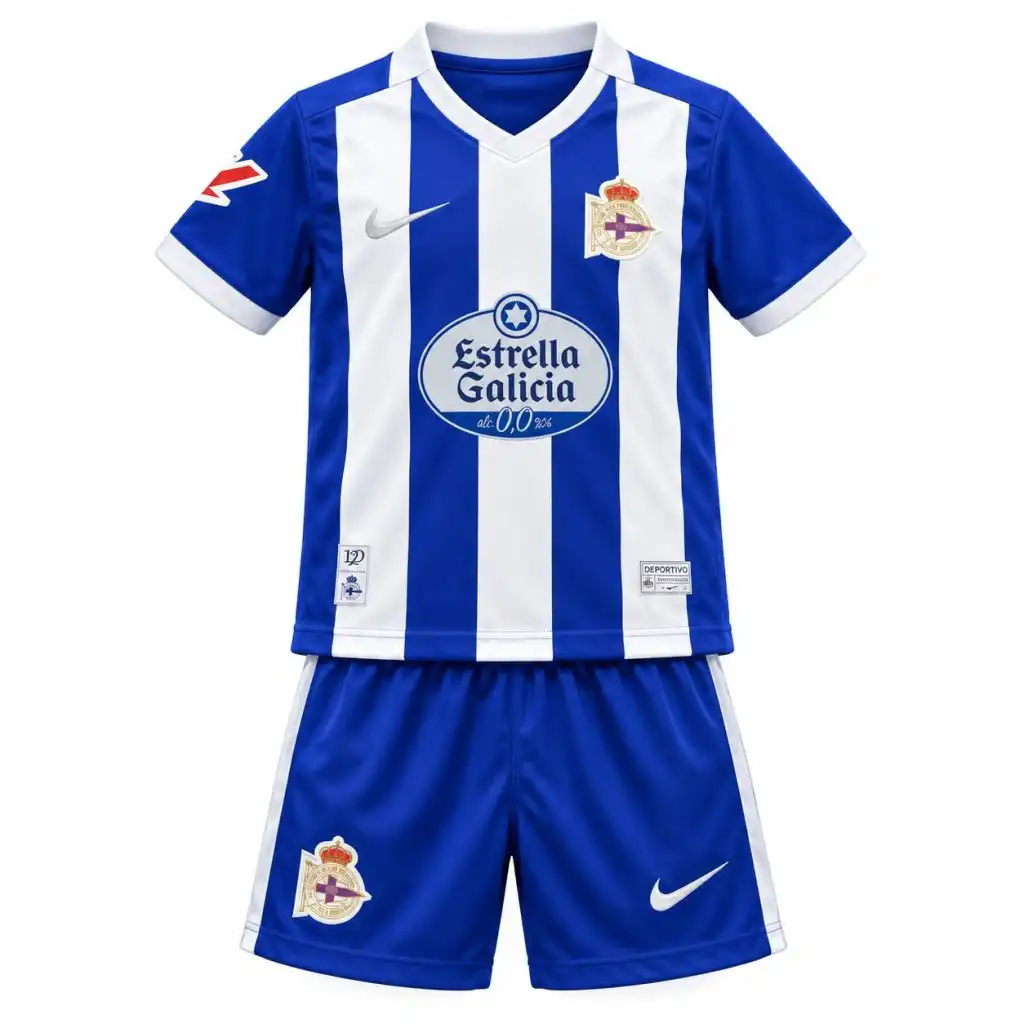 Kinder-Heimtrikotset von Deportivo La Coruña 2026/27 – Vorderansicht, Trikot und Shorts