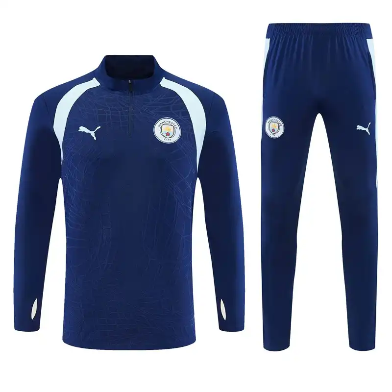 Manchester-City-Trainingsoberteil mit kurzem Reißverschluss am Kragen und Hose in Marineblau 2026/27 – Vorderansicht