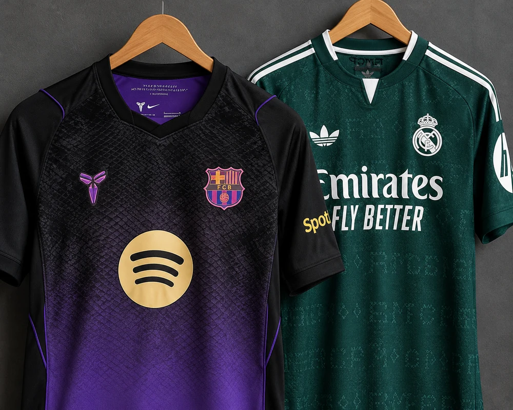 Barcelona and Real Madrid jersey styling on hangers